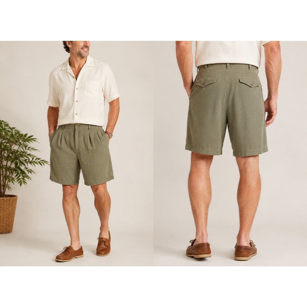 Tommy Bahama Mens 38 100% Silk Pleated Shorts Olive Green Relaxed Tropical Y2K